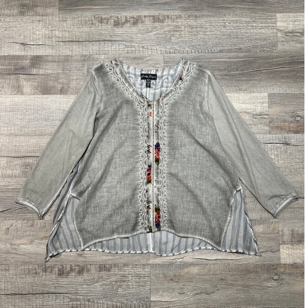 Gretty Zueger Embroidered Lagenlook Boho Earthy Top Size Large Indie Long Sleeve